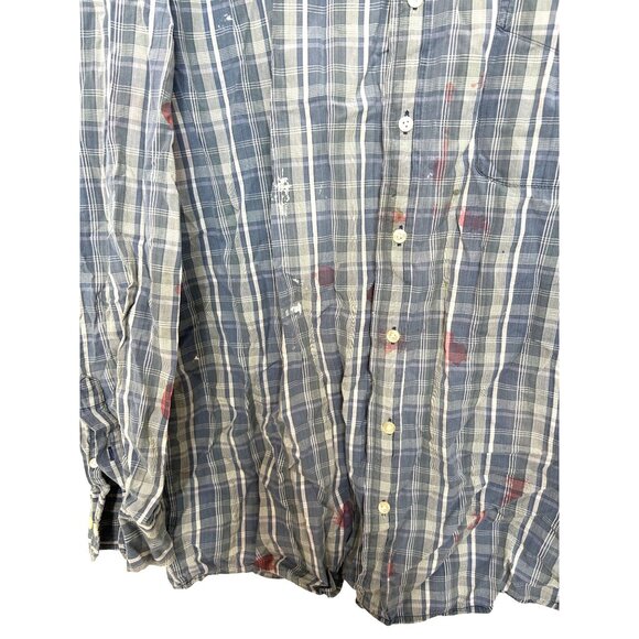 Halloween Costume Men’s Zombie Shirt Blue White Plaid L Vtg ‘“Blood” Long Sleeve - Picture 3 of 11